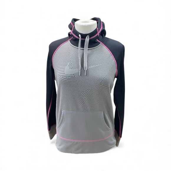 Nike Tops - Nike Therma-Fit Hoodie Women’s Sz Medium Gray/Black/Pink Thumb Holes Activewear